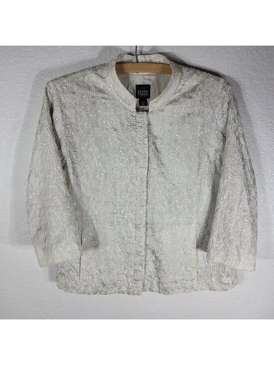 Eileen Fisher Jackets & Blazers - Eileen Fisher Embroidered Sequin Silk Blazer Cream High Neck Petite Size M